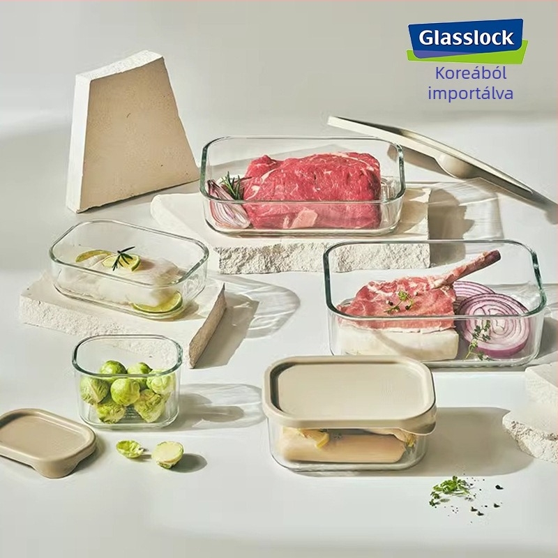 Glasslock 7 darabos téglalap alakú üvegtárolóedények fedővel, edzett üveg, mikrohullámú sütőben használható