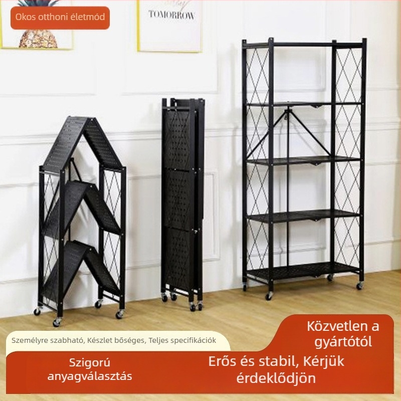 Konyhai mobil 5-szintes, görgős, összecsukható tárolóállvány karbonacélból, mikrohullámú sütőhöz, telepítés nélkül, erkélyre