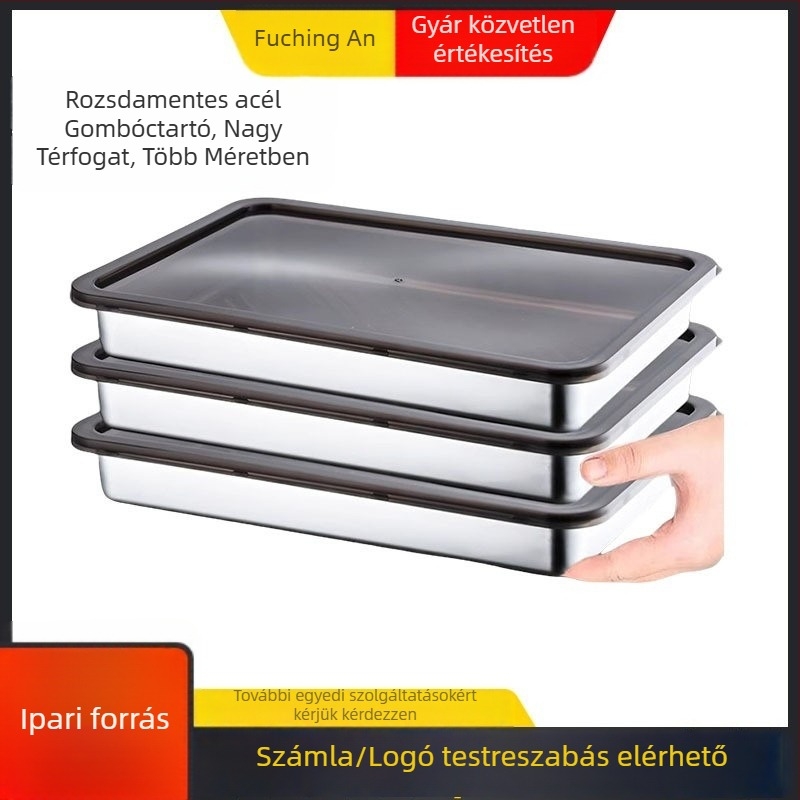 Téglalap alakú dumplingok tároló doboz rozsdamentes acélból, ételminőségű 410-es acél, kapacitás 2.1–5 L, mikrohullámú sütőben használható
