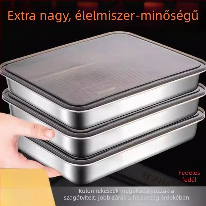 Téglalap alakú dumplingok tároló doboz rozsdamentes acélból, ételminőségű 410-es acél, kapacitás 2.1–5 L, mikrohullámú sütőben használható