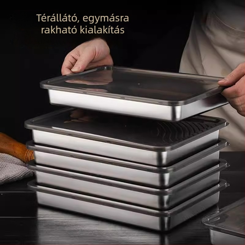 Téglalap alakú dumplingok tároló doboz rozsdamentes acélból, ételminőségű 410-es acél, kapacitás 2.1–5 L, mikrohullámú sütőben használható