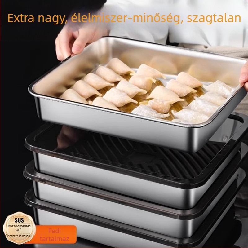 Téglalap alakú dumplingok tároló doboz rozsdamentes acélból, ételminőségű 410-es acél, kapacitás 2.1–5 L, mikrohullámú sütőben használható