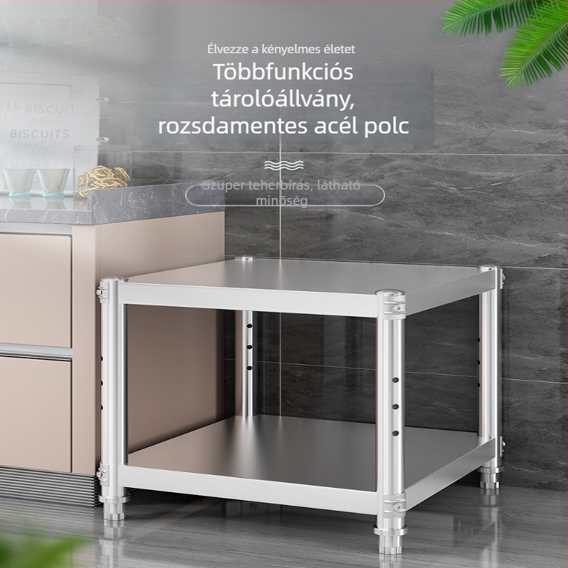 Rozsdamentes acélból készült padlóra álló, négyzet alakú tároló, kétszintes konyhai mikrohullámú sütő és tálak számára