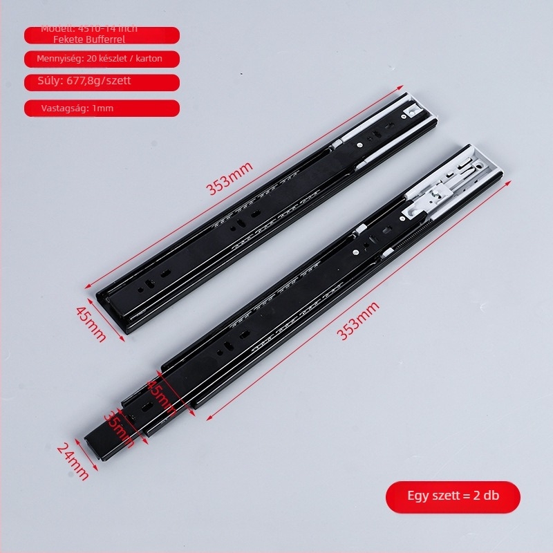 Hideg-hengerelt acélból készült fióksín csillapítással és golyóscsapágyas vezetővel, háromrészes kivitel