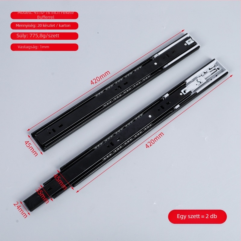 Hideg-hengerelt acélból készült fióksín csillapítással és golyóscsapágyas vezetővel, háromrészes kivitel