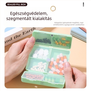 Tablettatároló doboz — hordozható, összecsukható, két rétegű mágneses kialakítás, hét rekesz és független rekeszek; PP anyag; kapacitás 12 tabletta; méretek 10×7×2.5 cm; nyitás flip-top.