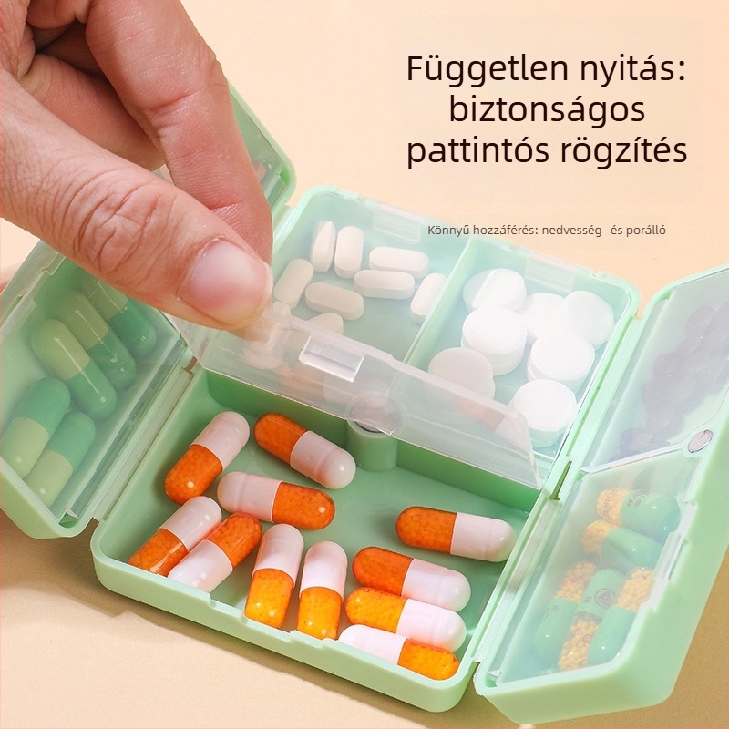 Tablettatároló doboz — hordozható, összecsukható, két rétegű mágneses kialakítás, hét rekesz és független rekeszek; PP anyag; kapacitás 12 tabletta; méretek 10×7×2.5 cm; nyitás flip-top.
