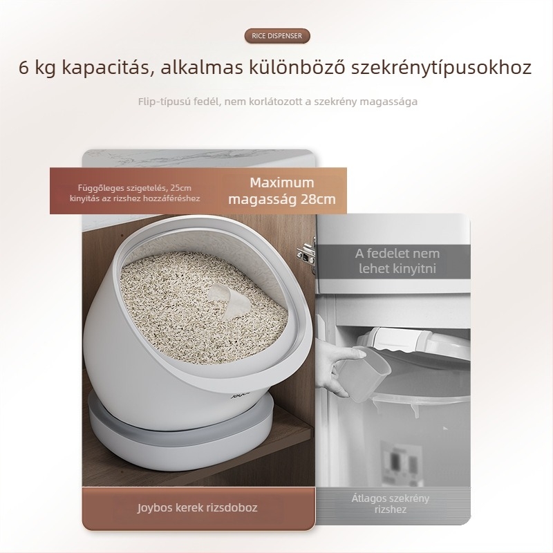 Rizstároló edény – zárható, nedvesség- és rovarálló, műanyag PP, élelmiszer-minőségű, kapacitás 6–7 L