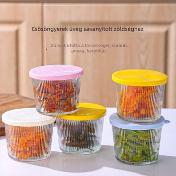 Üvegből készült hengeres savanyúságos üveg, zárható a frissesség megőrzése érdekében, mikrohullámú sütőben használható, egyrétegű dizájn