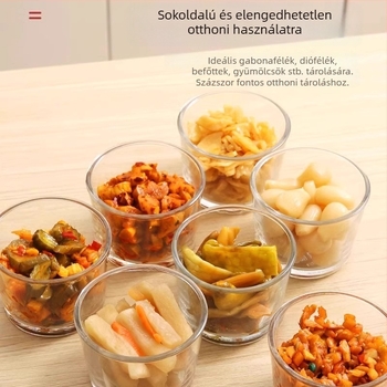 Üvegből készült hengeres savanyúságos üveg, zárható a frissesség megőrzése érdekében, mikrohullámú sütőben használható, egyrétegű dizájn