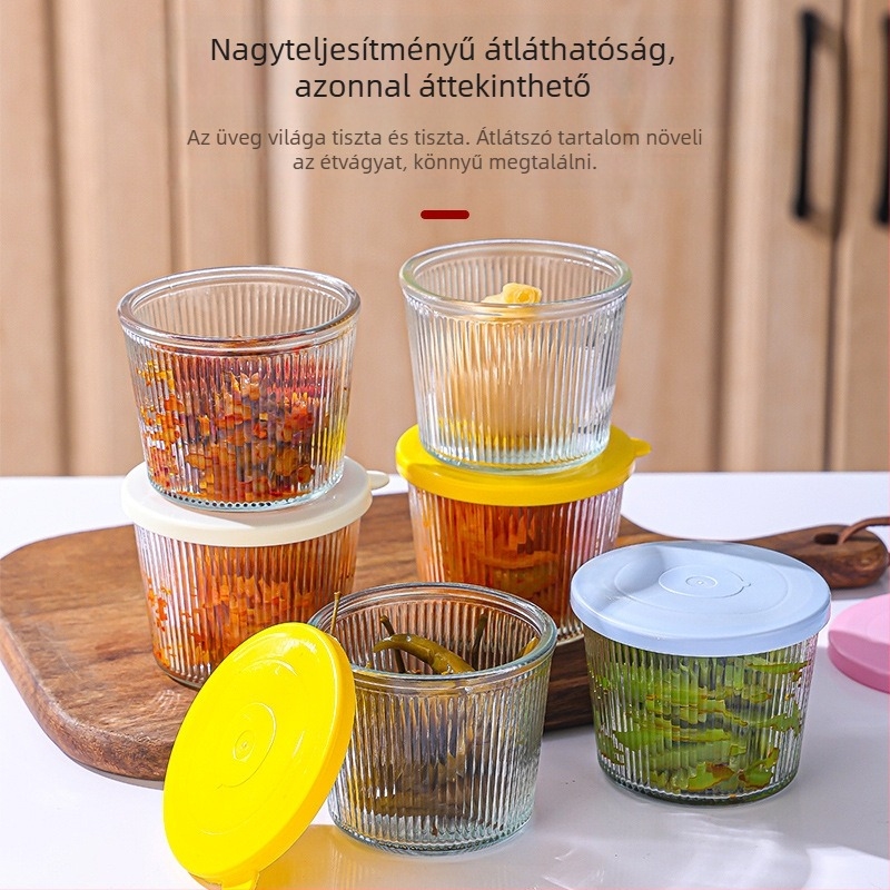 Üvegből készült hengeres savanyúságos üveg, zárható a frissesség megőrzése érdekében, mikrohullámú sütőben használható, egyrétegű dizájn