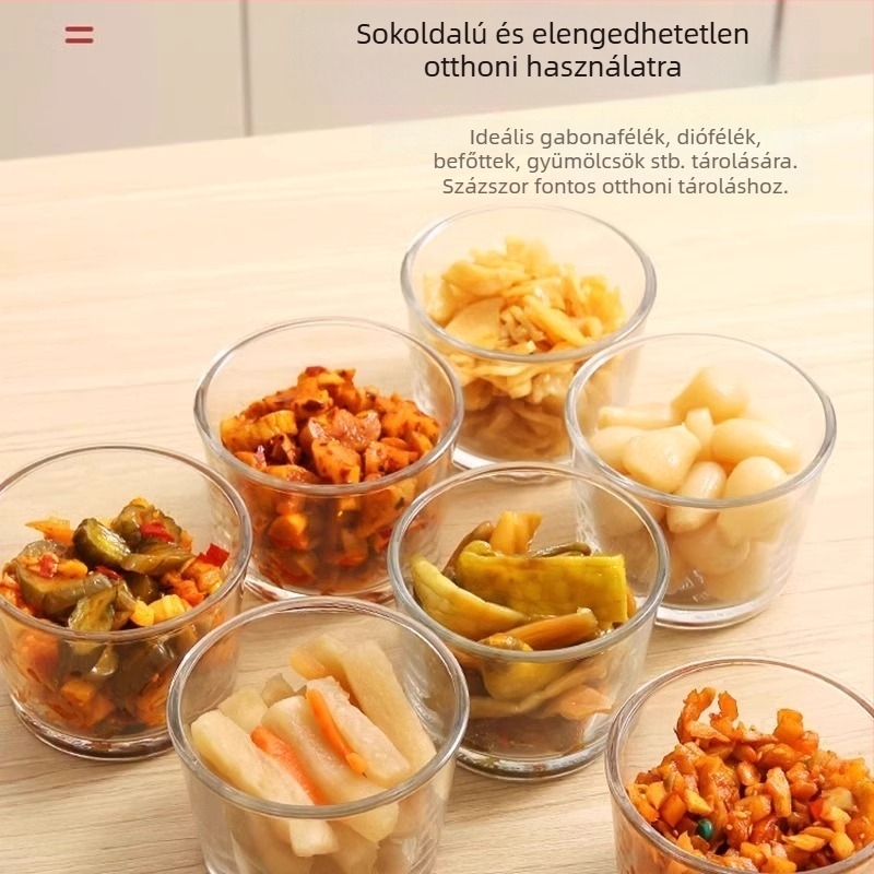 Üvegből készült hengeres savanyúságos üveg, zárható a frissesség megőrzése érdekében, mikrohullámú sütőben használható, egyrétegű dizájn