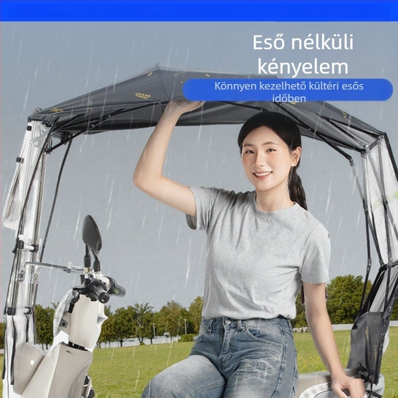 Elektromos autó esővédő - összecsukható, kihúzható, kétkeretű konstrukció, Oxford anyagú ponyva, UV PA+ napvédő, levehető szél- és esővédő, kézi nyitás-zárás