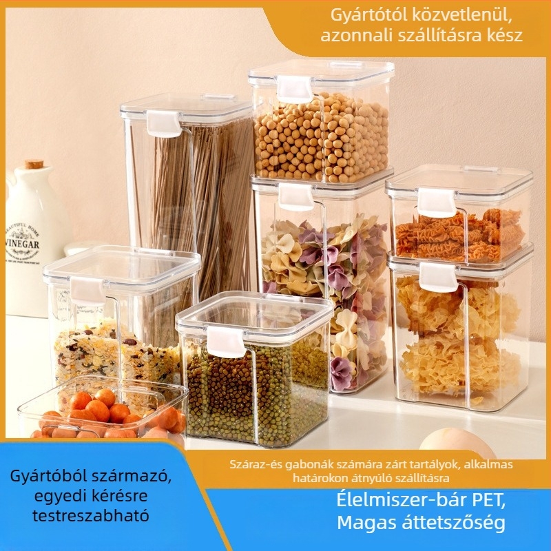 Állateledel-minőségű zárható négyszögletes műanyag tároló doboz fedéllel, 800–1000 ml, átlátszó