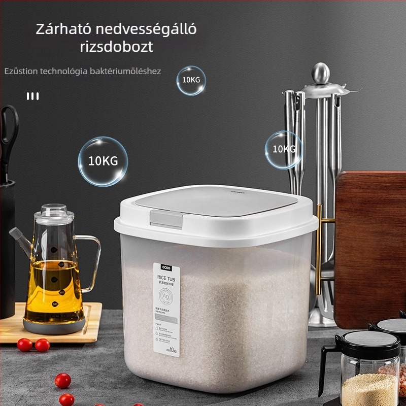 Rizs tároló doboz antibakteriális, nedvesség- és porálló, PP anyag, 9–10 L, márka CCKO