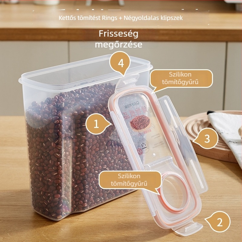 Japán stílusú rizs- és gabonatároló, zárható, rovarbiztos, négyzet alakú műanyag doboz, 2.1–3 L, mikróhoz használható