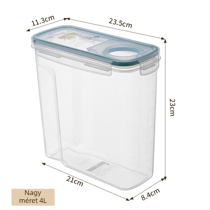 Japán stílusú rizs- és gabonatároló, zárható, rovarbiztos, négyzet alakú műanyag doboz, 2.1–3 L, mikróhoz használható
