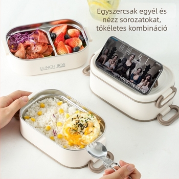 Szigetelt műanyag ebédes doboz háromrétegű rekeszekkel, mikrohullámú sütőben használható, kapacitás 1–3 L.