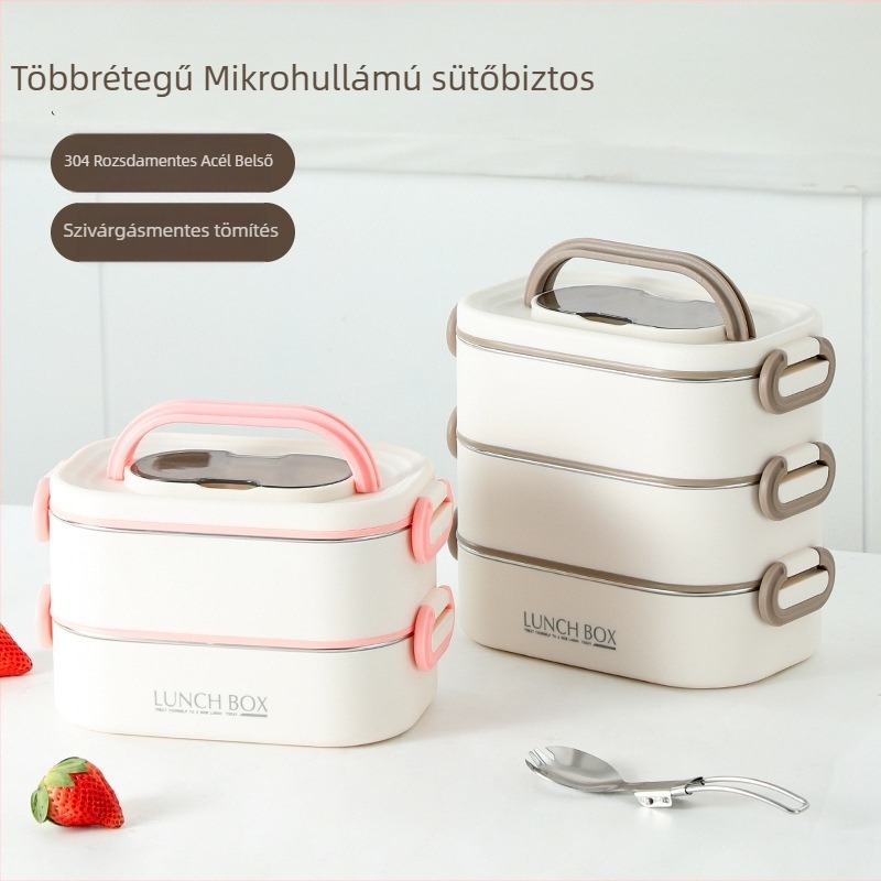 Szigetelt műanyag ebédes doboz háromrétegű rekeszekkel, mikrohullámú sütőben használható, kapacitás 1–3 L.