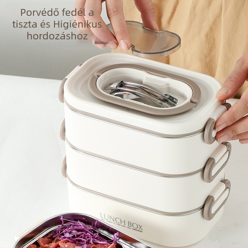 Szigetelt műanyag ebédes doboz háromrétegű rekeszekkel, mikrohullámú sütőben használható, kapacitás 1–3 L.