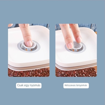 Műanyag négyszögletes tárolóedény száraz gabonákhoz, átlátszó, nedvességálló, csukható reteszelőfedéllel.