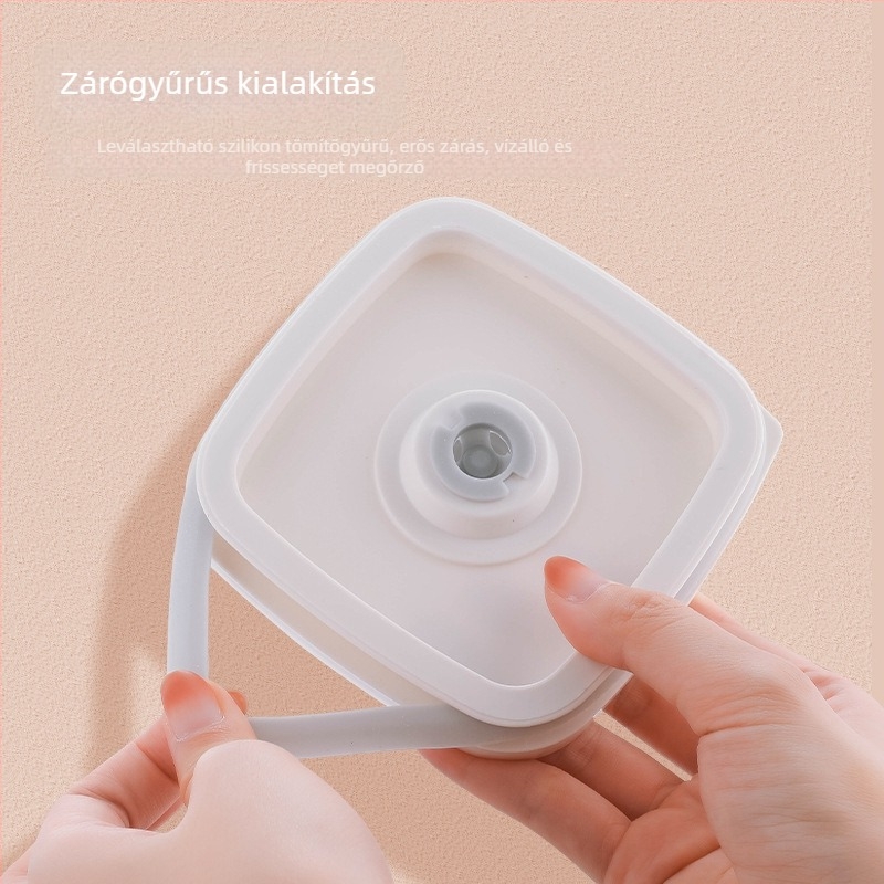 Műanyag négyszögletes tárolóedény száraz gabonákhoz, átlátszó, nedvességálló, csukható reteszelőfedéllel.