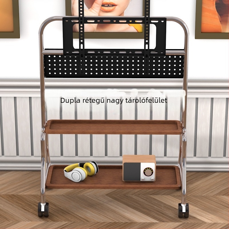 Rozsdamentes acélból készült padlóra álló televíziós állvány kerekekkel, vertikális kivitel, univerzális a síkképernyős TV-khez, alap 850×490×1230 mm, modell Art cart