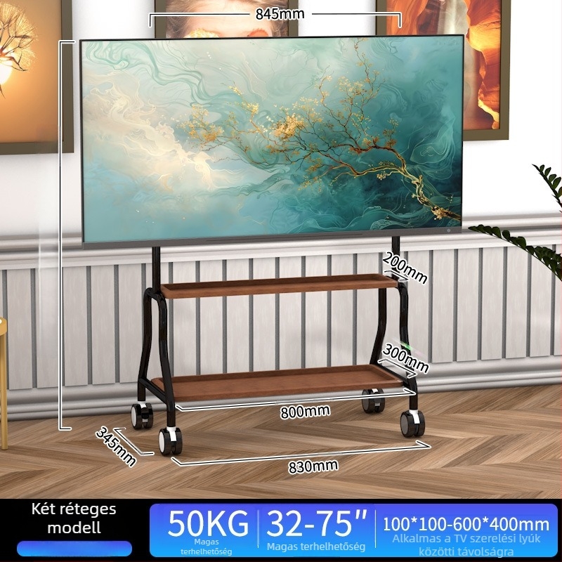 Rozsdamentes acélból készült padlóra álló televíziós állvány kerekekkel, vertikális kivitel, univerzális a síkképernyős TV-khez, alap 850×490×1230 mm, modell Art cart