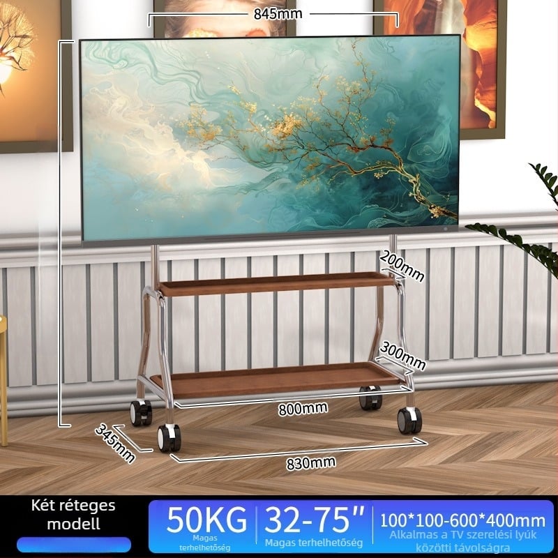Rozsdamentes acélból készült padlóra álló televíziós állvány kerekekkel, vertikális kivitel, univerzális a síkképernyős TV-khez, alap 850×490×1230 mm, modell Art cart
