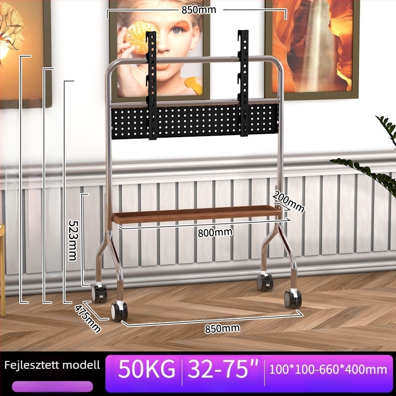 Rozsdamentes acélból készült padlóra álló televíziós állvány kerekekkel, vertikális kivitel, univerzális a síkképernyős TV-khez, alap 850×490×1230 mm, modell Art cart