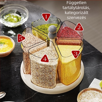 Forgó öt rekeszes gabonatároló doboz, PP műanyag, nedvességálló, adagoló funkció, kapacitás 5–6 L, modern minimalista stílus
