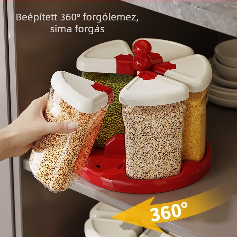 Forgó öt rekeszes gabonatároló doboz, PP műanyag, nedvességálló, adagoló funkció, kapacitás 5–6 L, modern minimalista stílus