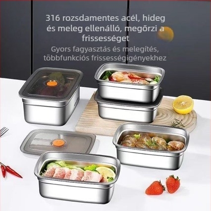 Élelmiszer-minőségű rozsdamentes acél ebédes doboz, légmentesen záródó fedéllel, mikrózható, 800–1000 ml, téglalap alakú