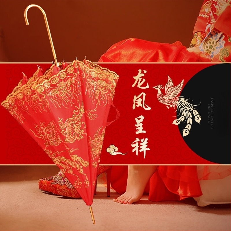 Esküvői csipkés esernyő, hosszú nyéllel, 8 küllő, 170T csipke anyag, manuális nyitás