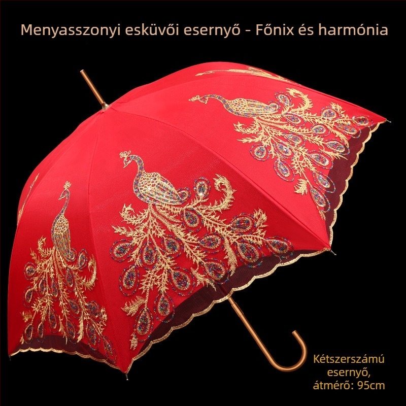 Esküvői csipkés esernyő, hosszú nyéllel, 8 küllő, 170T csipke anyag, manuális nyitás