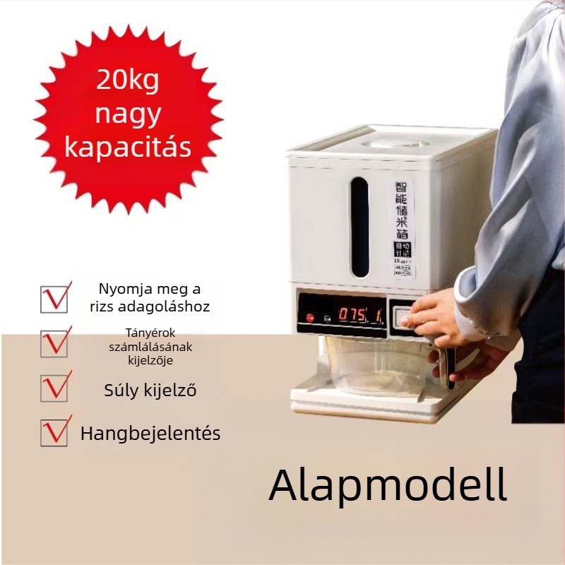 Rizstároló doboz – zárható, rovarmentes, nedvességálló, PP műanyagból, 10L+ kapacitás, modern minimalist dizájn