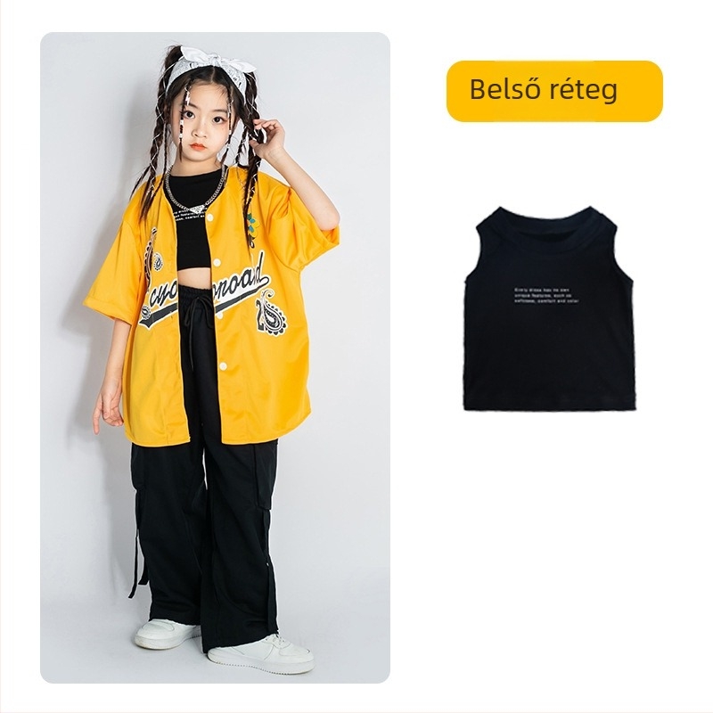 Gyerekeknek szóló hip-hop ruhaszett: rövid ujjú felső, pamut-gyapot keverék, 95% pamut, színpadi viselet