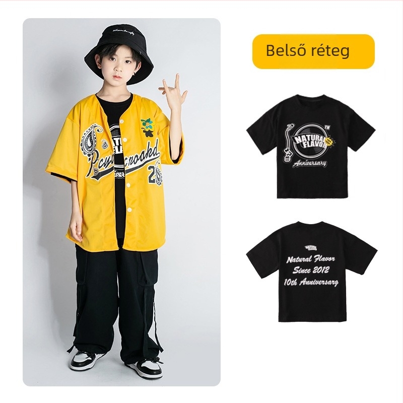 Gyerekeknek szóló hip-hop ruhaszett: rövid ujjú felső, pamut-gyapot keverék, 95% pamut, színpadi viselet