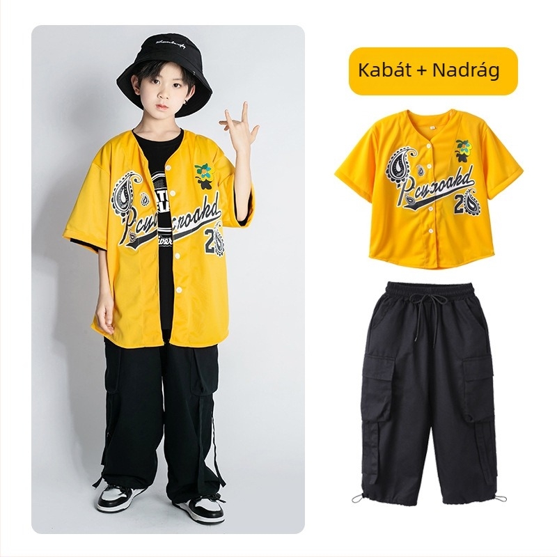 Gyerekeknek szóló hip-hop ruhaszett: rövid ujjú felső, pamut-gyapot keverék, 95% pamut, színpadi viselet
