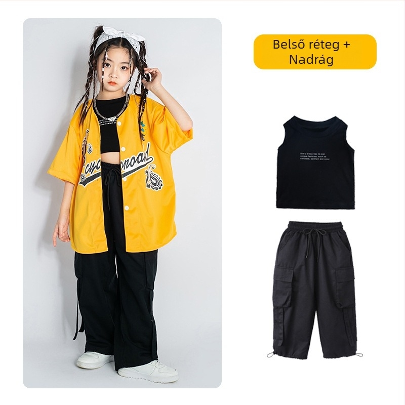 Gyerekeknek szóló hip-hop ruhaszett: rövid ujjú felső, pamut-gyapot keverék, 95% pamut, színpadi viselet