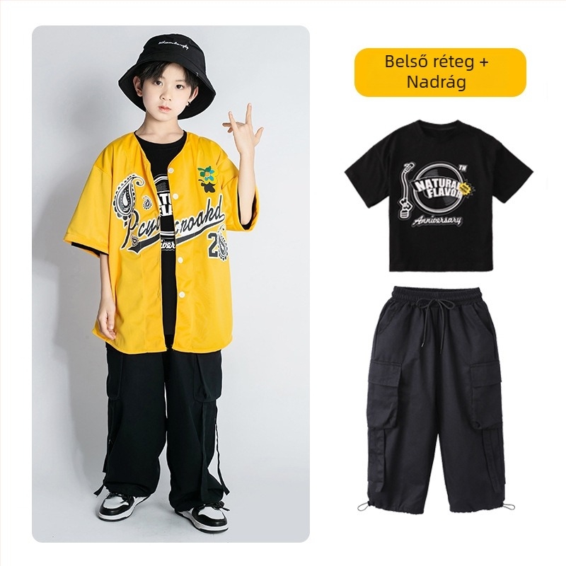 Gyerekeknek szóló hip-hop ruhaszett: rövid ujjú felső, pamut-gyapot keverék, 95% pamut, színpadi viselet