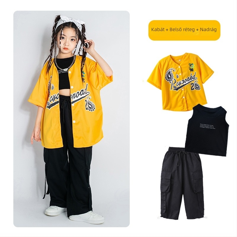 Gyerekeknek szóló hip-hop ruhaszett: rövid ujjú felső, pamut-gyapot keverék, 95% pamut, színpadi viselet