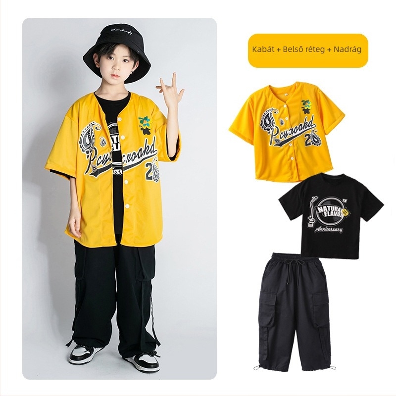 Gyerekeknek szóló hip-hop ruhaszett: rövid ujjú felső, pamut-gyapot keverék, 95% pamut, színpadi viselet