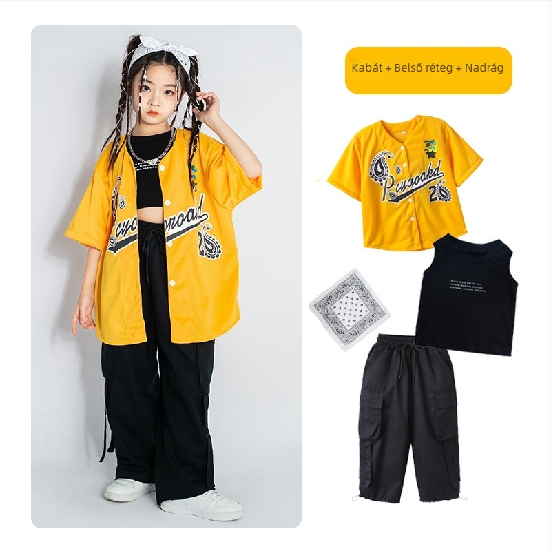 Gyerekeknek szóló hip-hop ruhaszett: rövid ujjú felső, pamut-gyapot keverék, 95% pamut, színpadi viselet