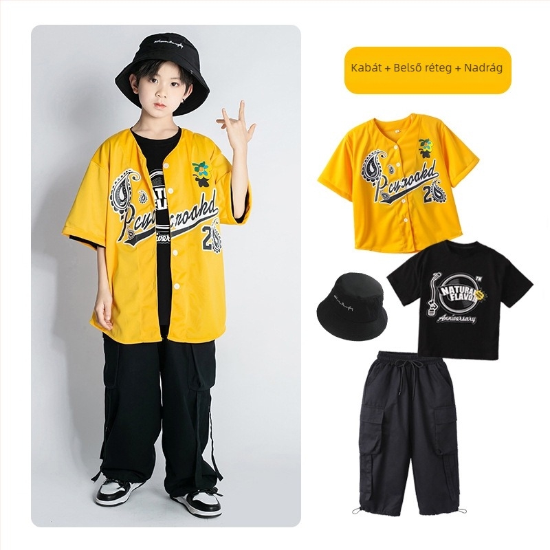 Gyerekeknek szóló hip-hop ruhaszett: rövid ujjú felső, pamut-gyapot keverék, 95% pamut, színpadi viselet