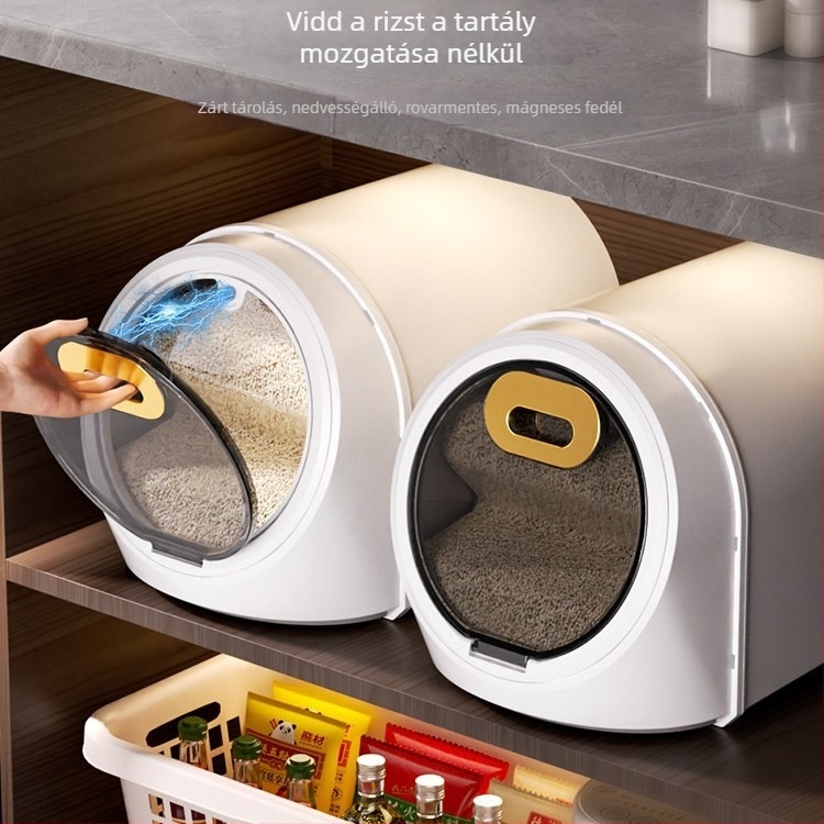 Rizstároló tartály, nedvesség- és rovarbiztos, élelmiszer-minőségű, kapacitás 4 L alatt, rizshez, liszthez vagy macskaeledelhez