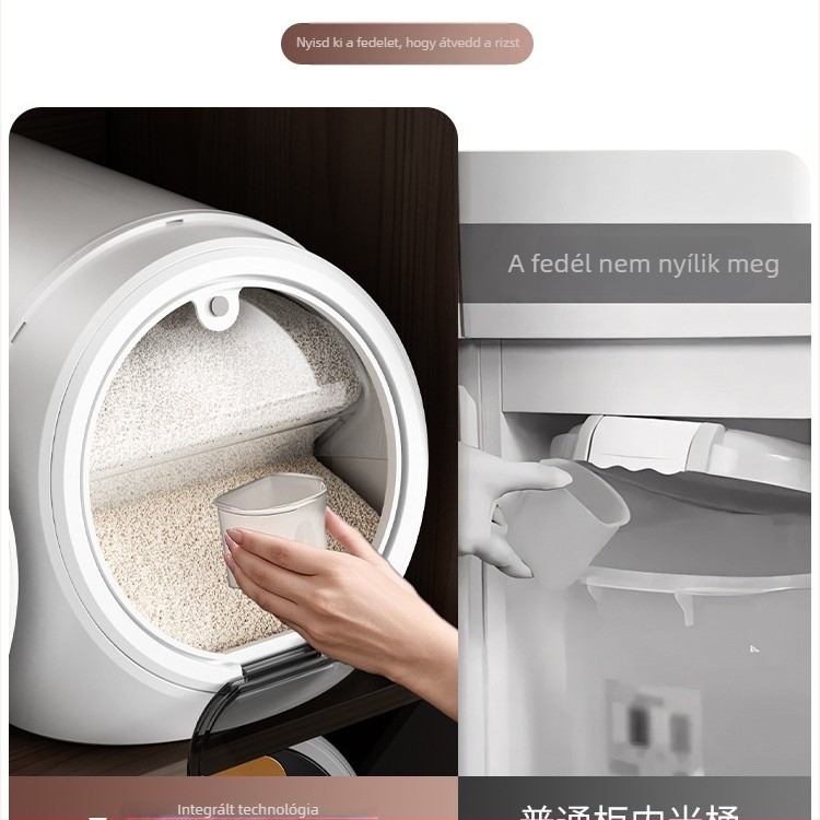 Rizstároló tartály, nedvesség- és rovarbiztos, élelmiszer-minőségű, kapacitás 4 L alatt, rizshez, liszthez vagy macskaeledelhez