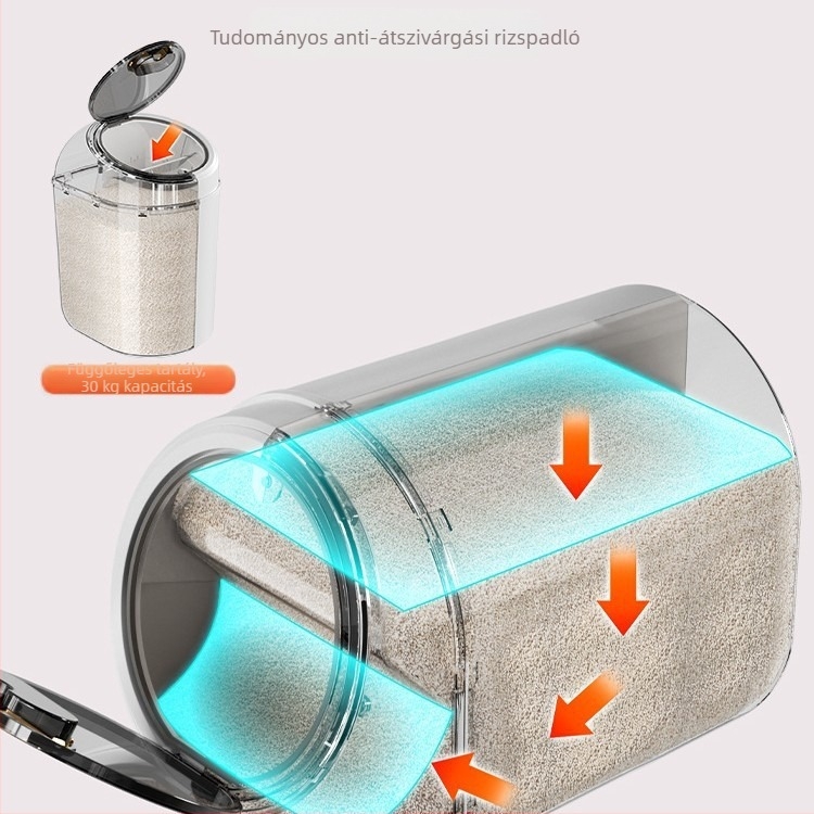 Rizstároló tartály, nedvesség- és rovarbiztos, élelmiszer-minőségű, kapacitás 4 L alatt, rizshez, liszthez vagy macskaeledelhez