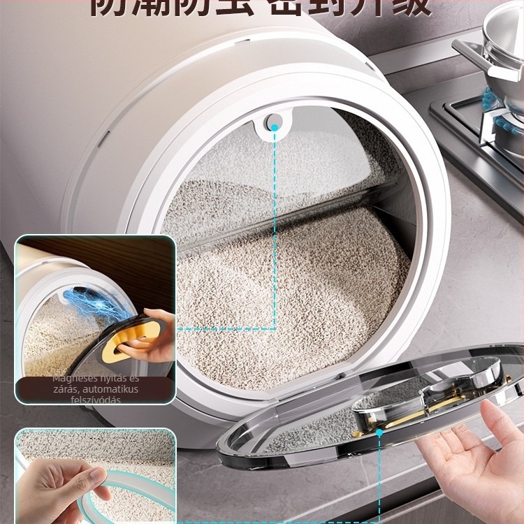 Rizstároló tartály, nedvesség- és rovarbiztos, élelmiszer-minőségű, kapacitás 4 L alatt, rizshez, liszthez vagy macskaeledelhez