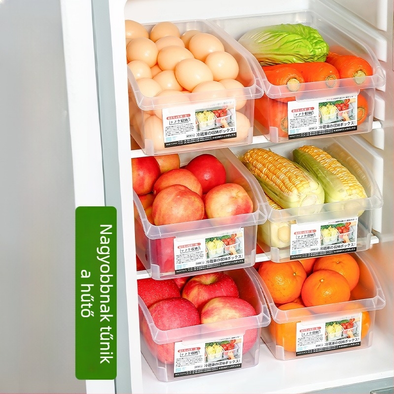 Élelmiszer-minőségű hűtőszekrény tároló doboz gyümölcsökhöz és zöldségekhez — egyszerű és modern műanyag rendező